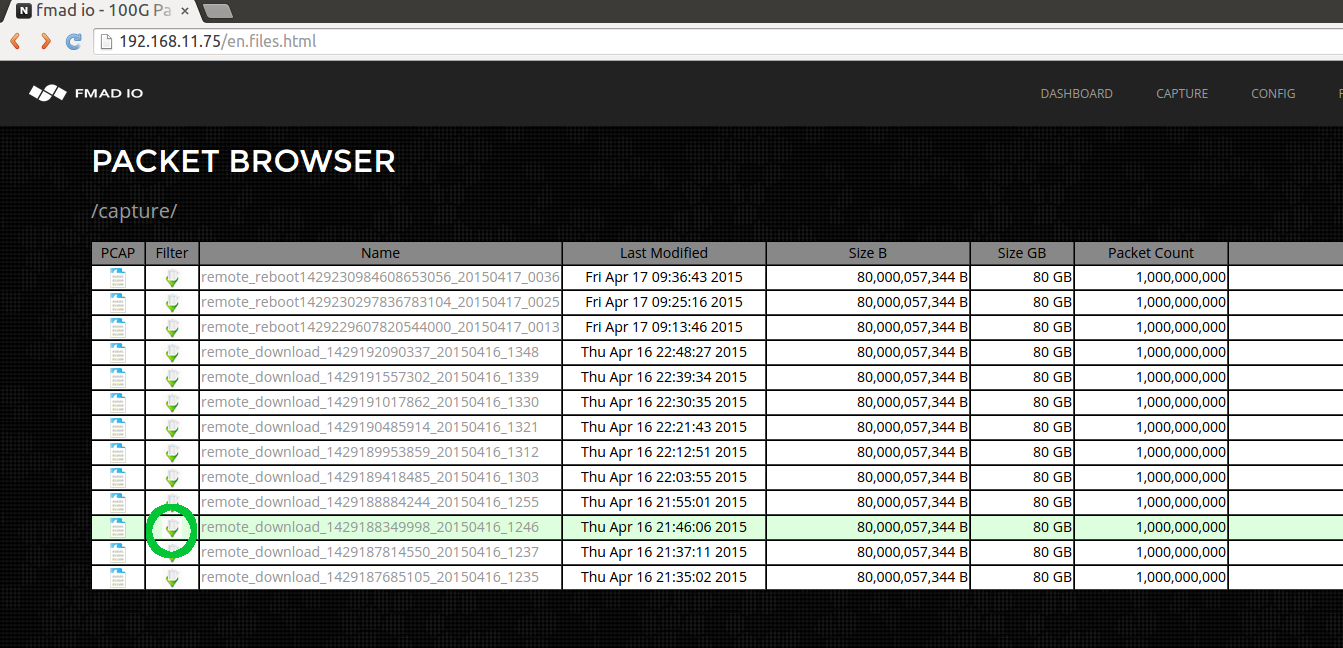 fmadio10 packet directory filter button